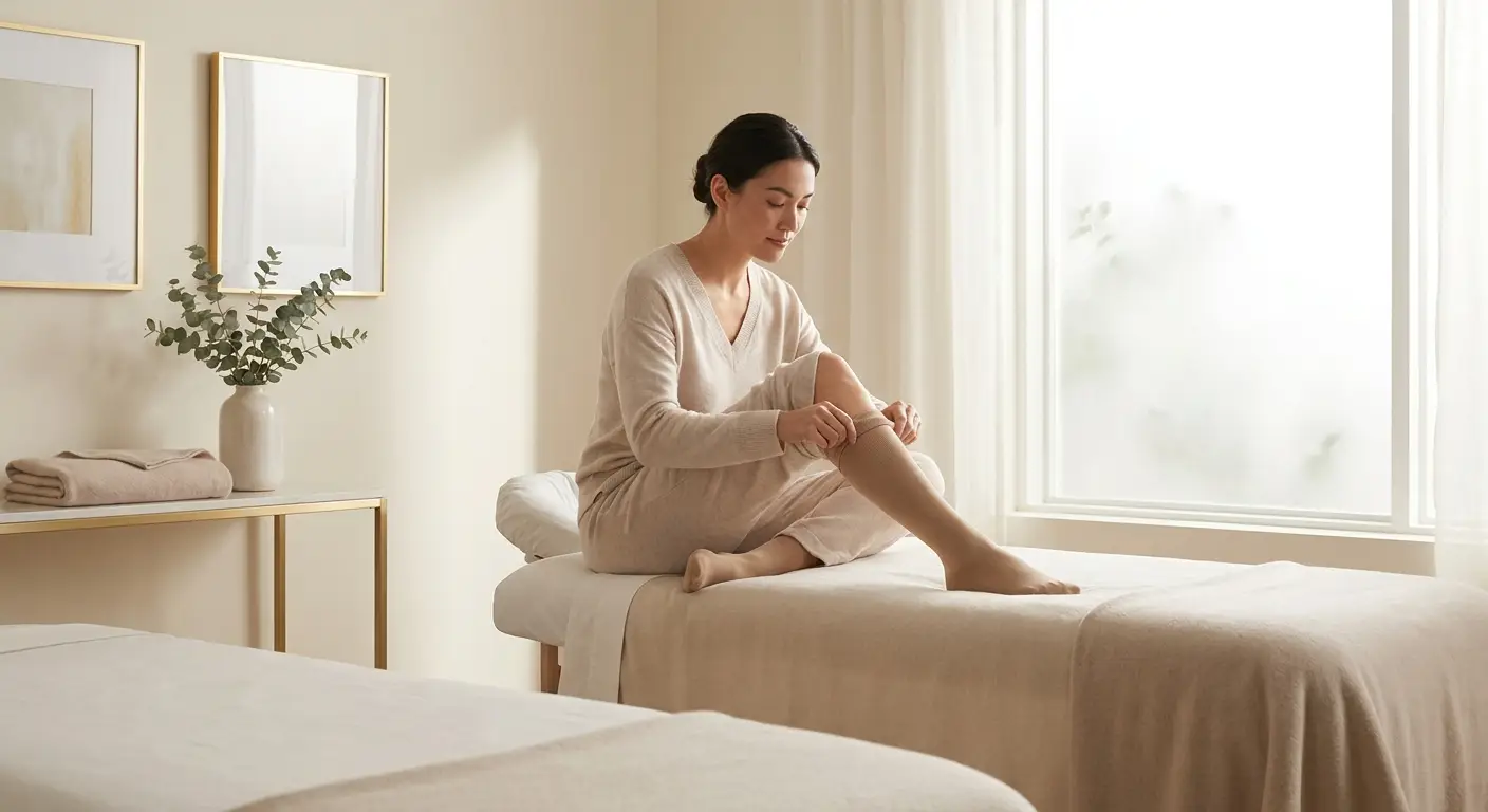 Patient resting on a treatment table after a leg vein treatment