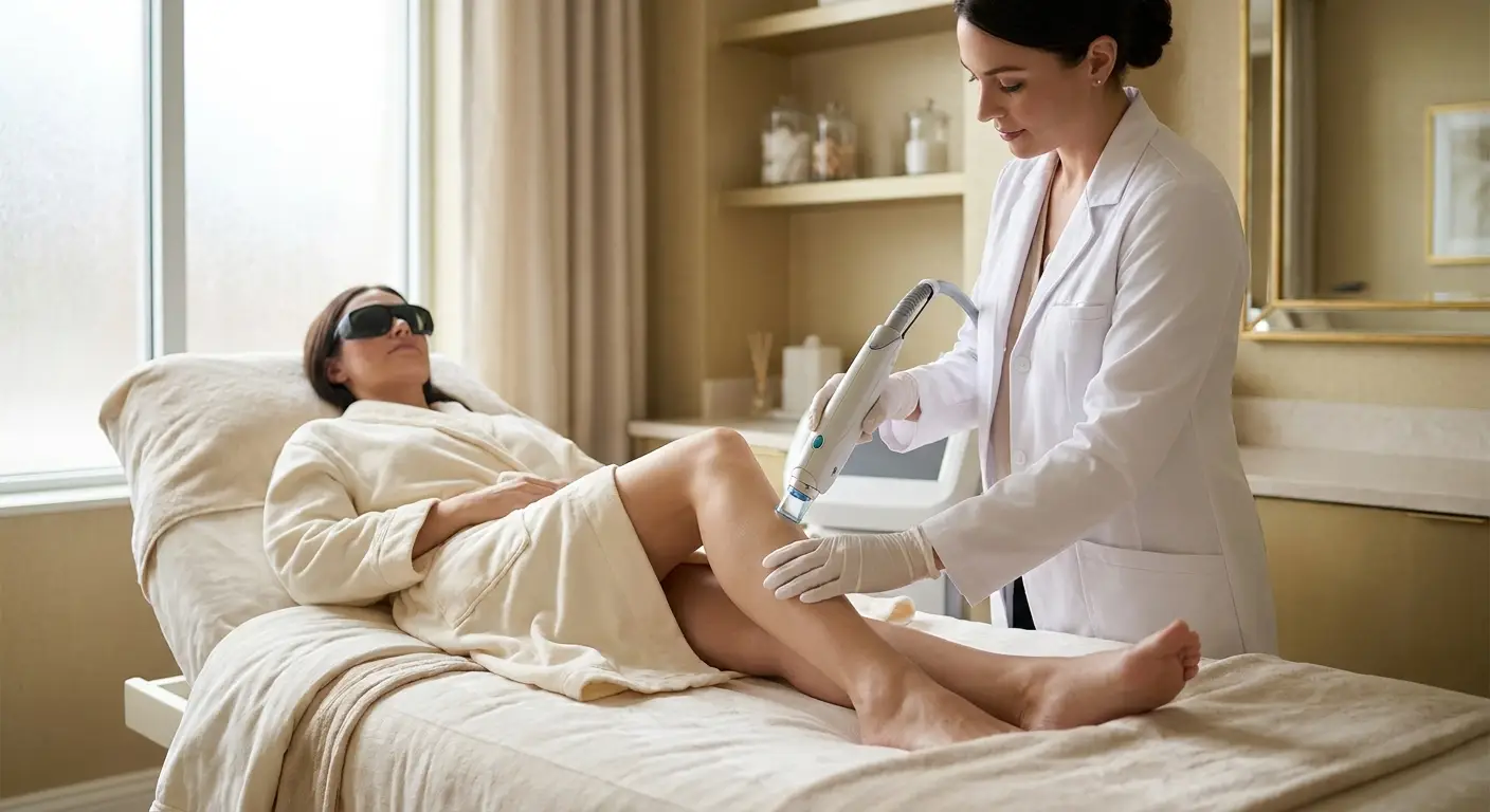 A clinician performs a non-invasive laser vein removal procedure on a patient's leg at an Oak Brook medical spa.