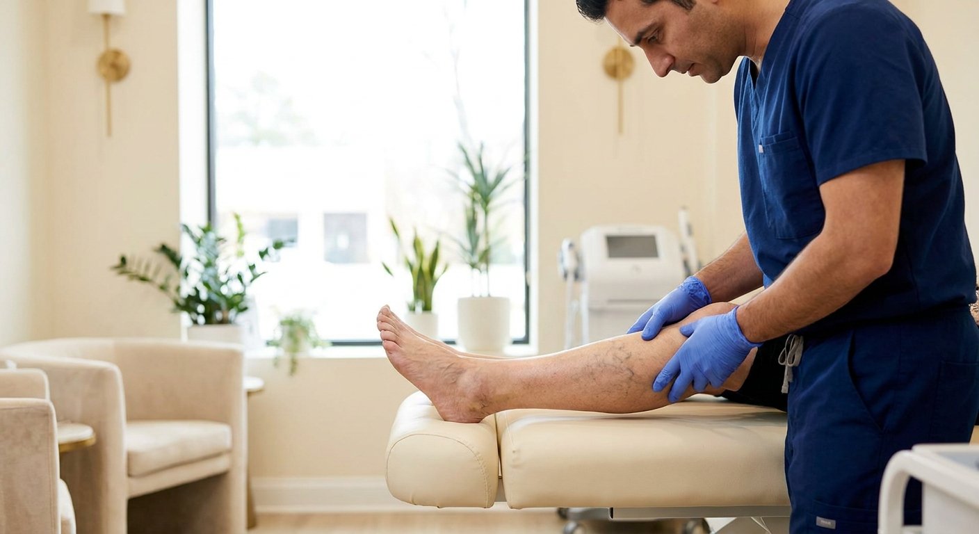 Vein specialist examining a patient's leg at Charming Skin & Vein Clinics